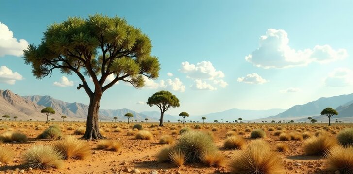 A barren landscape with only a few scattered trees in a monoculture forest, thin trunks, fast growth, desertification