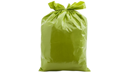 Green garbage bag tied and full, isolated on transparent background