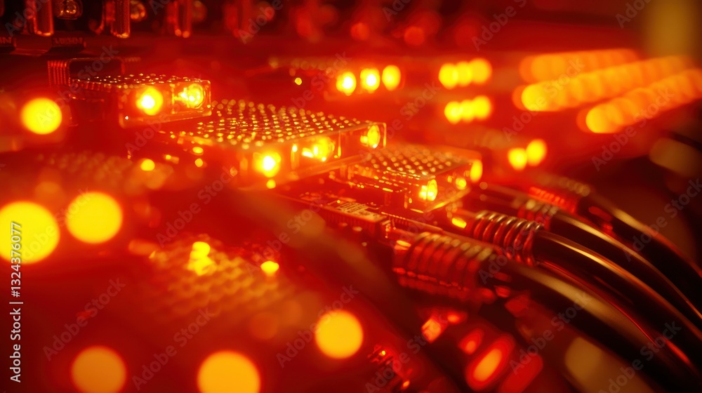 Poster server cables glow orange with data flow in a close up view