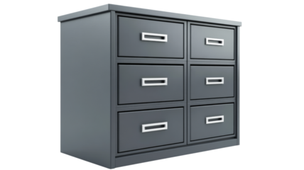 Modern gray filing cabinet with six drawers on transparent background
