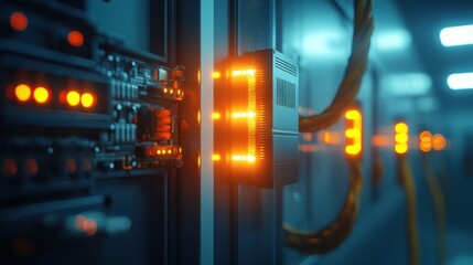 Server room rack panel, wiring, lights. Hardware hums, information flow, data transfer