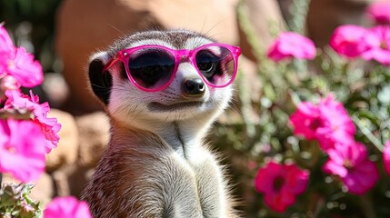 Meerkat wearing sunglasses relaxing in the desert on a sunny day, surrounded by blooming cacti