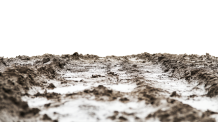 Muddy ground covered with melting snow on transparent background
