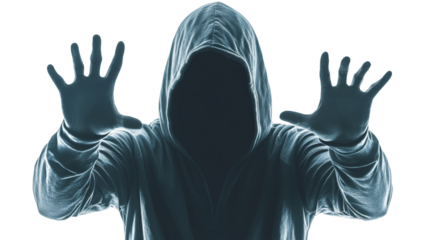 Hacker with hood raising hands in a defensive gesture, with transparent background
