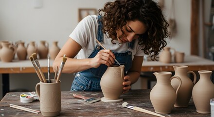 Woman artist painting clay pottery jug in workshop studio craft skill hobby brown beige brush light