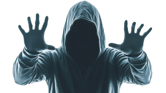 Hacker with hood raising hands in a defensive gesture, with transparent background
