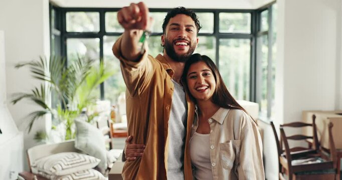 New home, happy and face of couple with keys for property, moving and investment. Homeowner, real estate and portrait of man hug woman with keychain for mortgage, house purchase and rental apartment