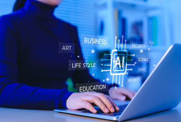 AI, Artificial intelligence and digital technology concepts. Woman using laptop with AI-related keywords, representing AI applications in business, education, security, art, science, and lifestyle.