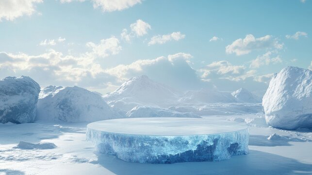Ice podium background snow winter product platform cold mountain 3D. Podium ice display background cosmetic sky floor blue scene landscape frozen white cool stand pedestal minimal rock glacier nature