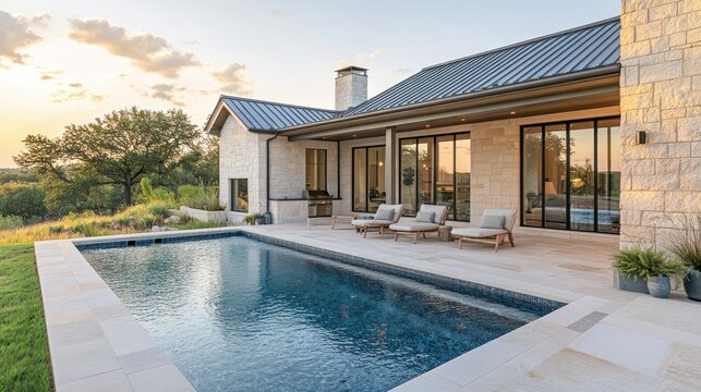 Hill Country Modern Home's Sunset Poolside View