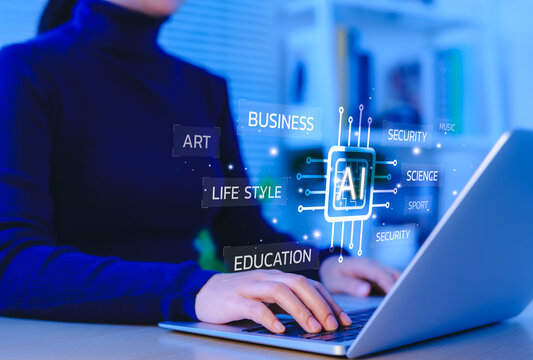 AI, Artificial intelligence and digital technology concepts. Woman using laptop with AI-related keywords, representing AI applications in business, education, security, art, science, and lifestyle. - Powered by Adobe