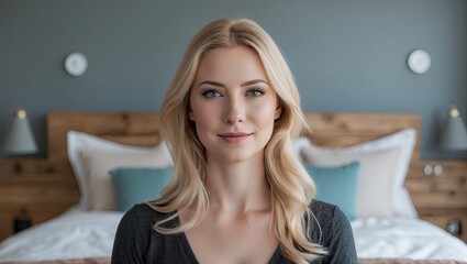 Portrait of a young woman with long blonde hair smiling softly, set against a modern bedroom backdrop with neutral tones and minimalist decor