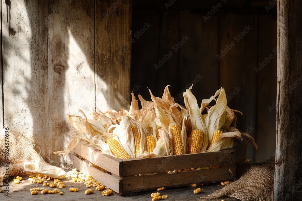 Poster rustic farmhouse setting with freshly harvested corn cobs on a burlap-covered table in soft morning 