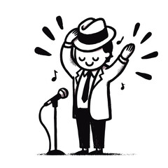 Fototapeta premium Charming Singer with Hat Bowing on Stage Black and White Illustration