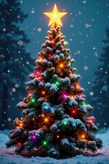 A bright star-shaped decoration hangs at the top of a tall Christmas tree, winter wonderland, snowfall, colorful decorations