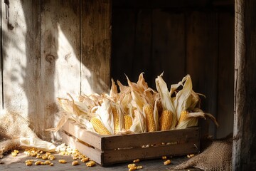 Rustic farmhouse setting with freshly harvested corn cobs on a burlap-covered table in soft morning light