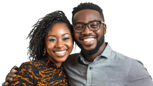 Happy smiling young african american couple embracing on transparent background