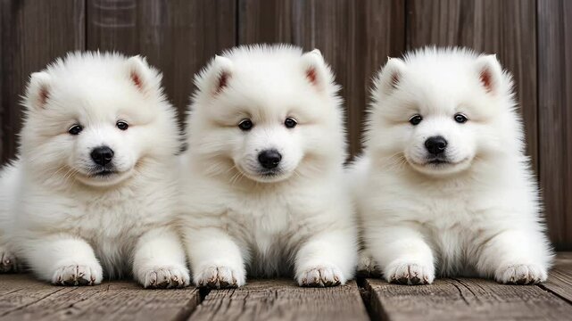 Cute white 3 samoyed puppies 