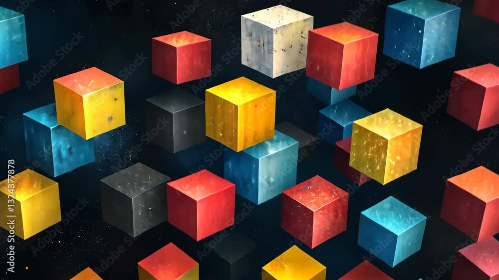 Poster colorful geometric blocks in dynamic abstract movement against a dark backdrop