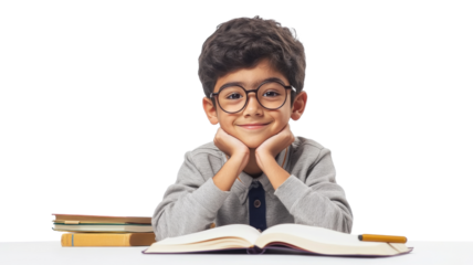 Smiling pupil resting chin on hands while studying with transparent background