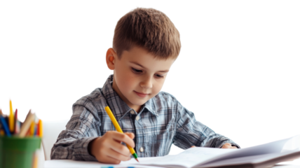 Young boy drawing with pencils on notebook with transparent background