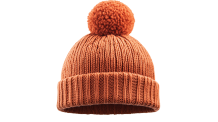 Orange knitted winter hat with pompom on transparent background
