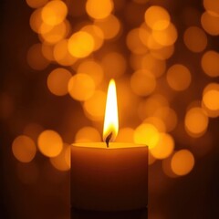 A golden bokeh swirls in the darkness around a lit candle's flame, bokeh effect, warm tones, soothing colors