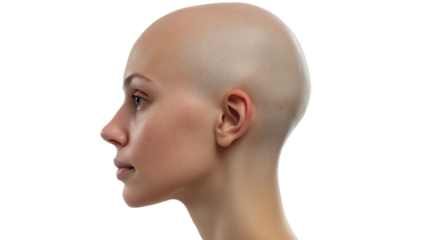 Profile of bald woman showing strength and confidence on transparent background