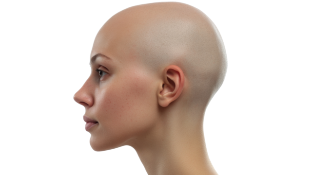 Profile of bald woman showing strength and confidence on transparent background