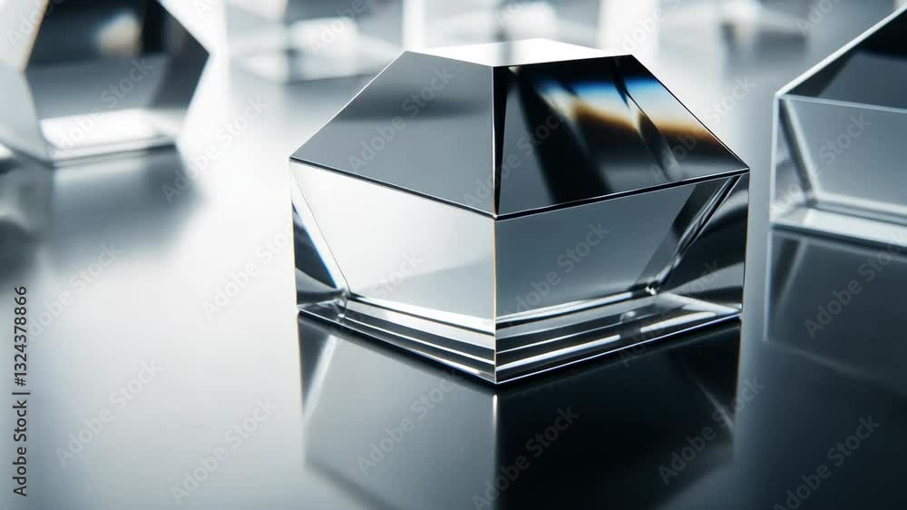 Poster reflective glass boxes arranged on a glossy surface in an artful display during daylight hours