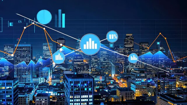 City lights illuminate a skyline while vibrant data graphics reflect trends and growth in technology and urban development