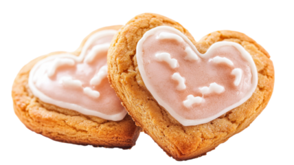 Two heart shaped cookies showing pink icing and sprinkles on transparent background