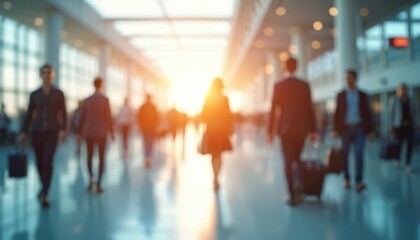 Blurred crowd of people walking in modern airport terminal with bright sunlight. Business people travel carry luggage in vibrant atmosphere. Abstract shot of travel and connectivity.