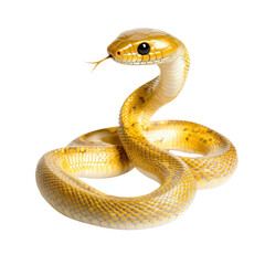 Fototapeta premium A dazzling yellow snake coiled elegantly on a branch surrounded by lush green foliage highlighting its beauty isolated on a white background.