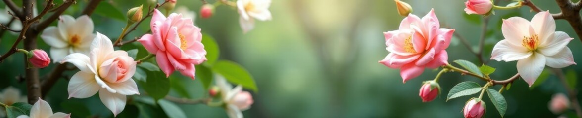 Soft pink roses and white lilies suspended in the air amidst branches, greenery, floral installation, nature