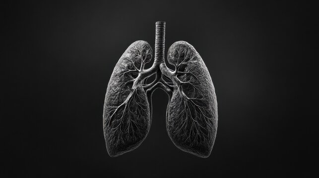 Human-like Lung Organ on Black Background , Respiratory System, Monochrome Anatomical Lung On Black Background