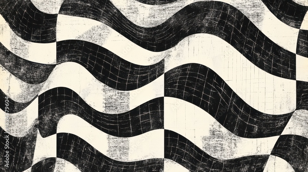 Poster wavy black and white checkered pattern with a vintage texture creating a distorted perspective.