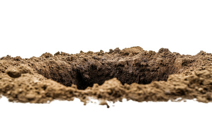 Freshly dug hole surrounded by a pile of dirt on transparent background