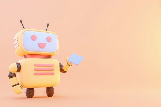 AI Agent Chatbot 3D.  Cute cartoon robot character holding a blue card on a peach background