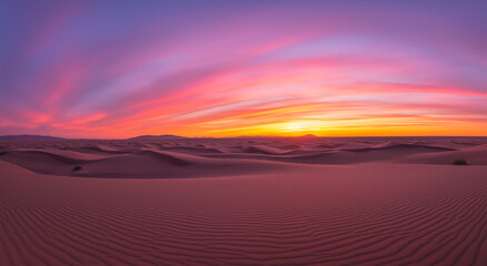 Desert dunes at sunset, Sahara landscape with dramatic pink and orange sky, Peaceful natural wonder panorama, Adventure travel and solitude concept