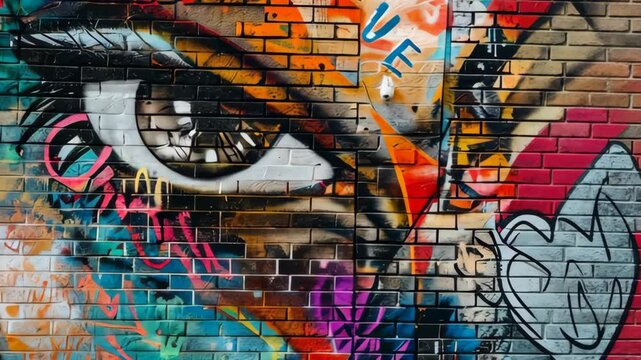 Vibrant urban street art mural with eye motif on brick wall timelapse