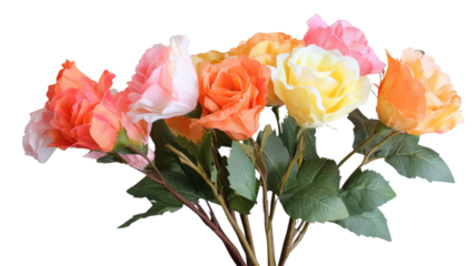Bouquet of colorful artificial roses with transparent background