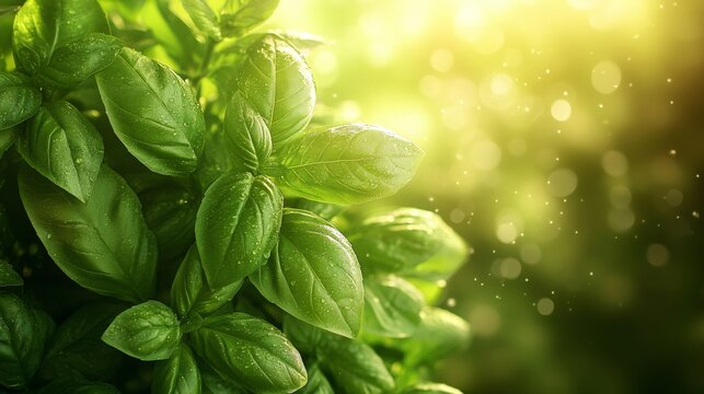 Fresh green basil leaves growing in the sunlight with water droplets