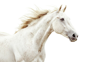 White horse running with flowing mane on transparent background