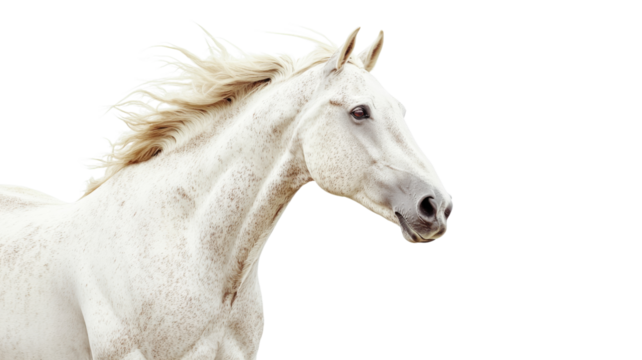 White horse running with flowing mane on transparent background