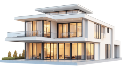 Modern white luxury house with illuminated interior on transparent background