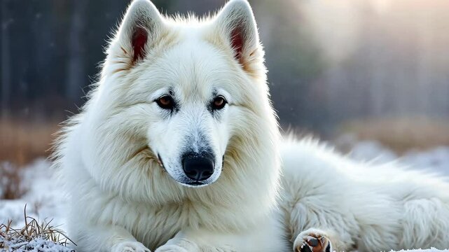 Close up on a laying samoyed dog in winter landscape
