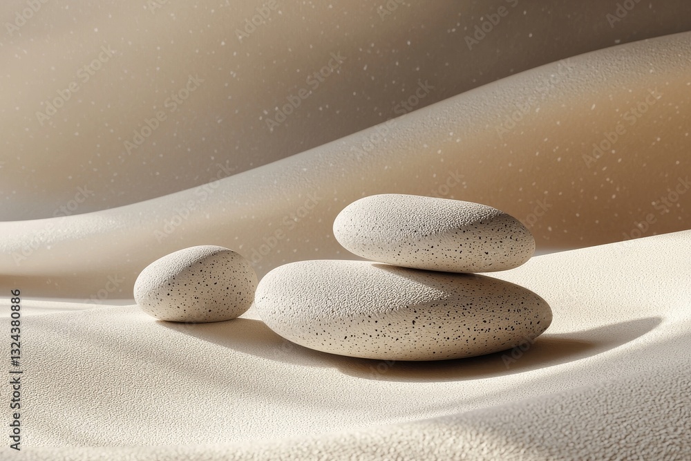 Poster 3d render of abstract pebble-like forms on a smooth beige surface with soft lighting. the minimalist