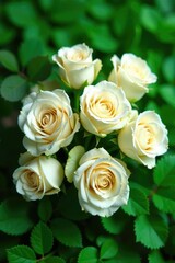 A bouquet of white roses rests on a bed of emerald green, garden, nature, luxurious