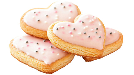 Heart shaped cookies decorated with pink icing and sprinkles on transparent background